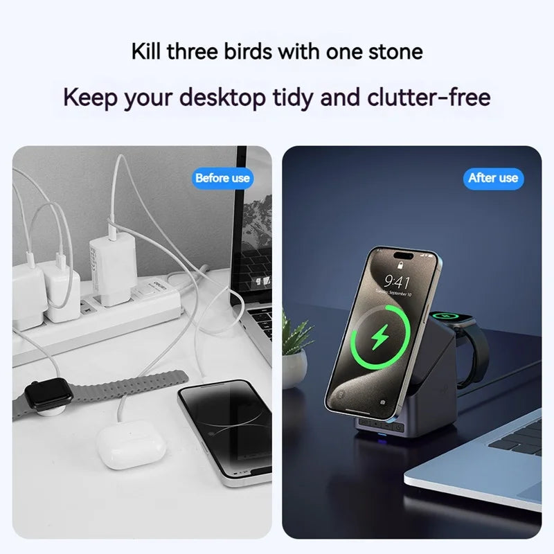 4In1 Electric Rotating Magnetic 15W Wireless Charger Time Display Touch Rotation for Iphone Watch Airpods Ideal Charging Stand