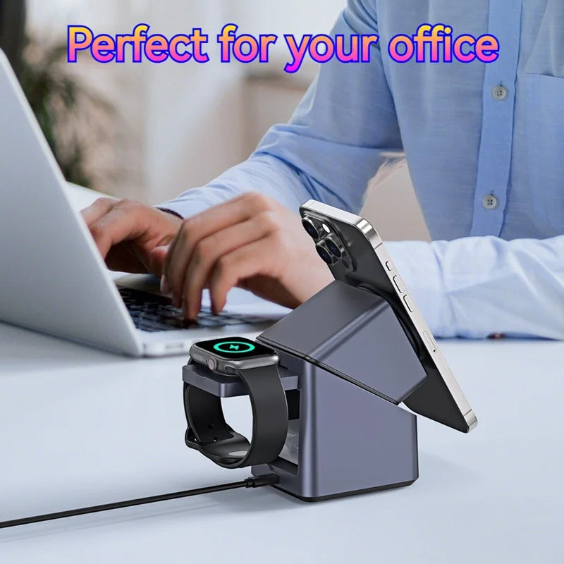 4In1 Electric Rotating Magnetic 15W Wireless Charger Time Display Touch Rotation for Iphone Watch Airpods Ideal Charging Stand