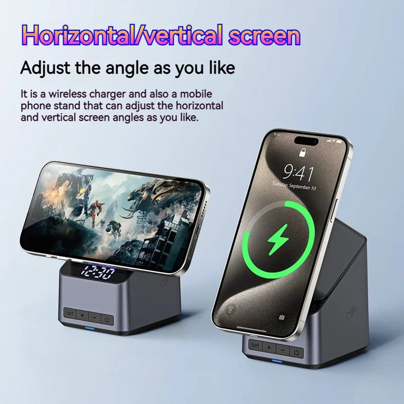 4In1 Electric Rotating Magnetic 15W Wireless Charger Time Display Touch Rotation for Iphone Watch Airpods Ideal Charging Stand