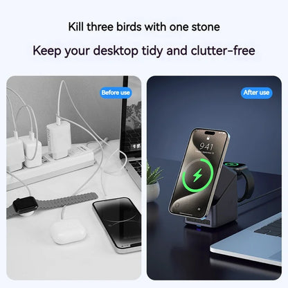 4In1 Electric Rotating Magnetic 15W Wireless Charger Time Display Touch Rotation for Iphone Watch Airpods Ideal Charging Stand