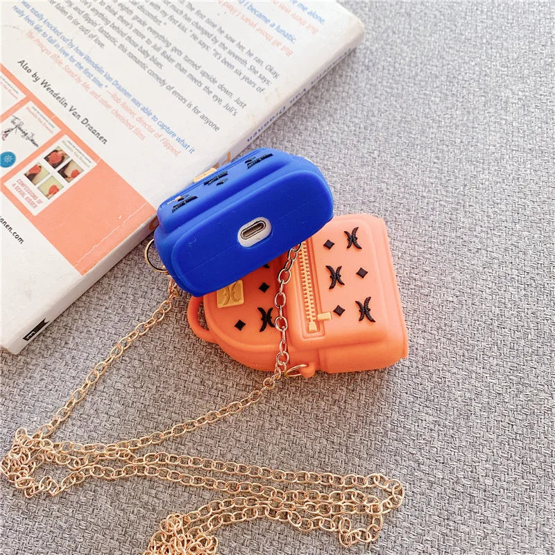 3D Luxury Silicone Earphone Protection Cases for Airpods 1 2 Diagonal Bag Headset Cover with Metal Chain