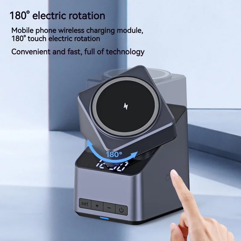 4In1 Electric Rotating Magnetic 15W Wireless Charger Time Display Touch Rotation for Iphone Watch Airpods Ideal Charging Stand