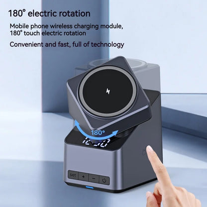 4In1 Electric Rotating Magnetic 15W Wireless Charger Time Display Touch Rotation for Iphone Watch Airpods Ideal Charging Stand