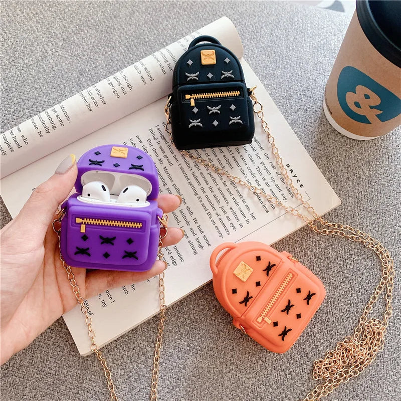 3D Luxury Silicone Earphone Protection Cases for Airpods 1 2 Diagonal Bag Headset Cover with Metal Chain