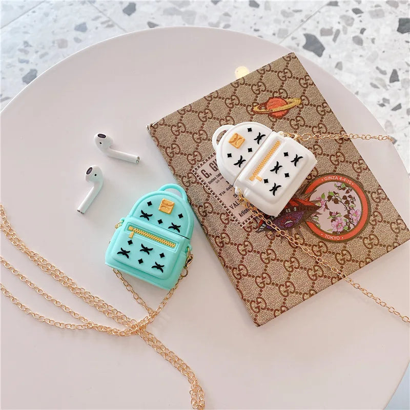 3D Luxury Silicone Earphone Protection Cases for Airpods 1 2 Diagonal Bag Headset Cover with Metal Chain