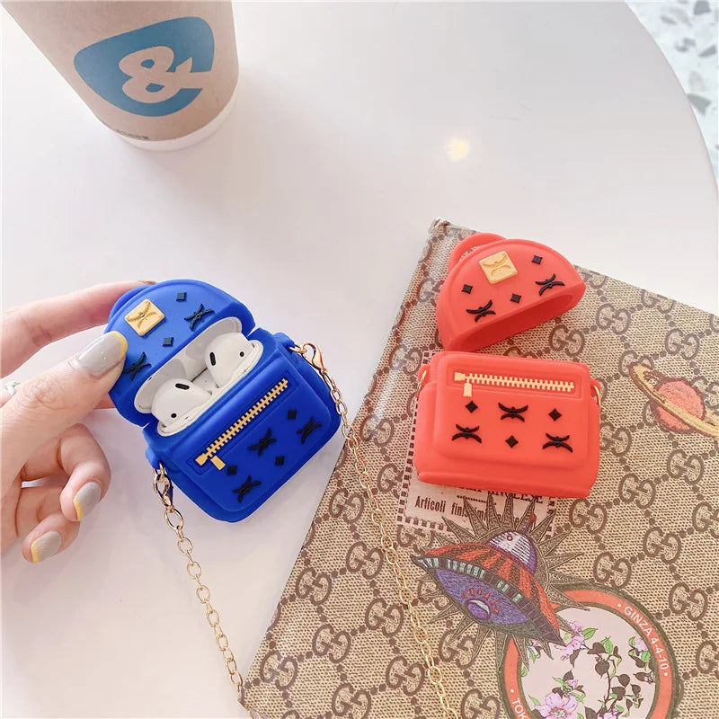 3D Luxury Silicone Earphone Protection Cases for Airpods 1 2 Diagonal Bag Headset Cover with Metal Chain