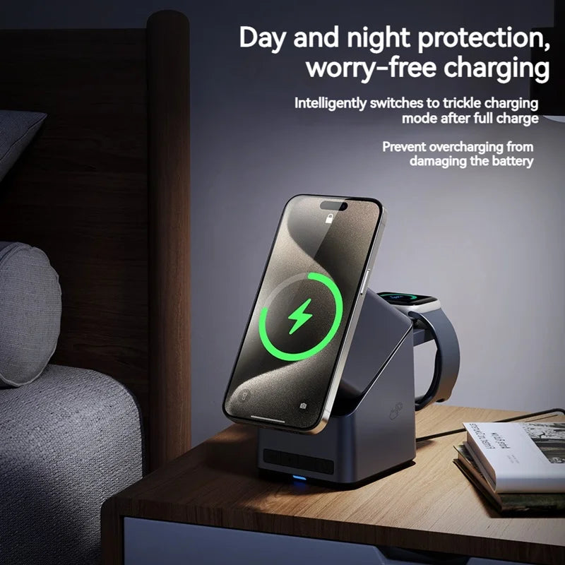 4In1 Electric Rotating Magnetic 15W Wireless Charger Time Display Touch Rotation for Iphone Watch Airpods Ideal Charging Stand