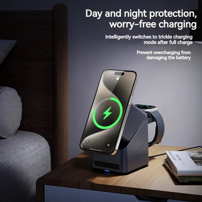 4In1 Electric Rotating Magnetic 15W Wireless Charger Time Display Touch Rotation for Iphone Watch Airpods Ideal Charging Stand