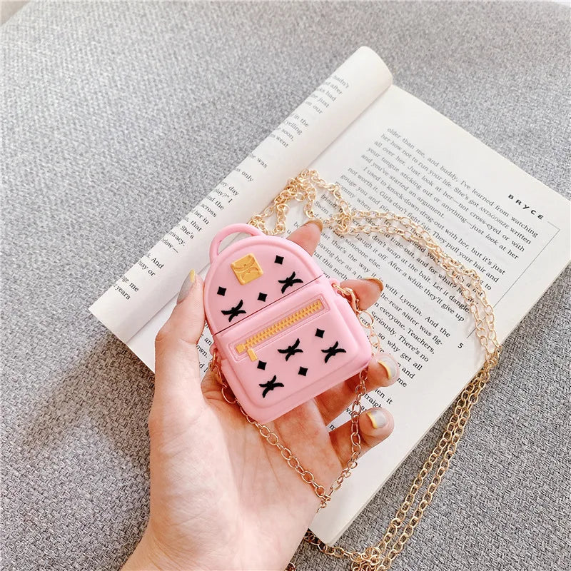 3D Luxury Silicone Earphone Protection Cases for Airpods 1 2 Diagonal Bag Headset Cover with Metal Chain