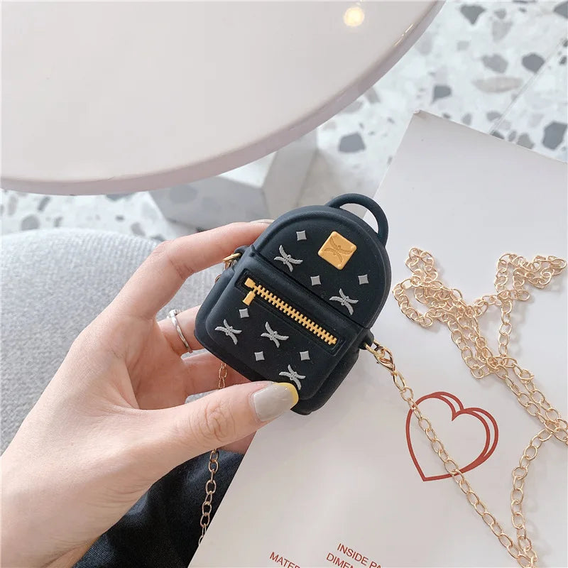3D Luxury Silicone Earphone Protection Cases for Airpods 1 2 Diagonal Bag Headset Cover with Metal Chain