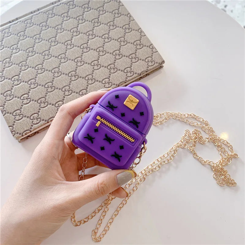 3D Luxury Silicone Earphone Protection Cases for Airpods 1 2 Diagonal Bag Headset Cover with Metal Chain