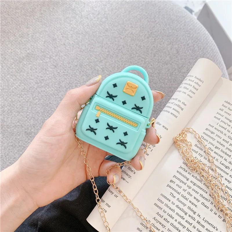3D Luxury Silicone Earphone Protection Cases for Airpods 1 2 Diagonal Bag Headset Cover with Metal Chain